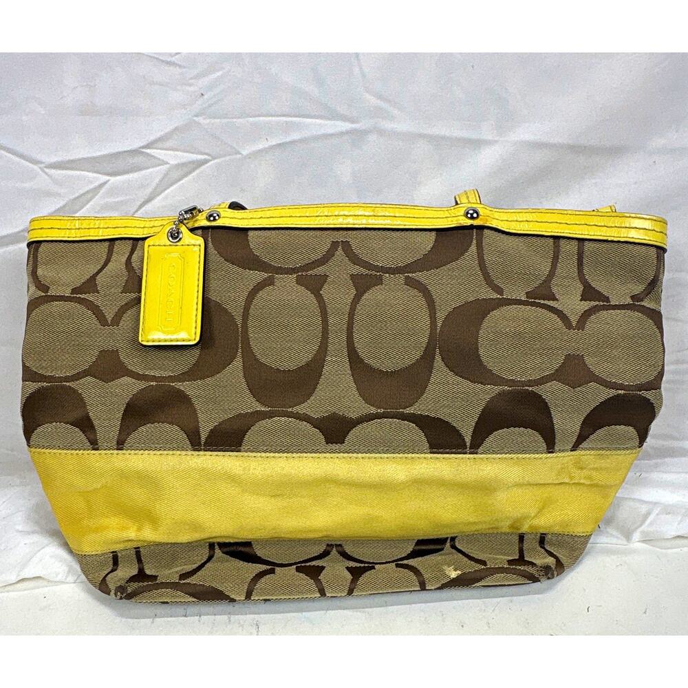 Coach Signature Zip-Top Satchel Handbag Brown/Beige Yellow A1076-F13548 W/wallet - Picture 2 of 16